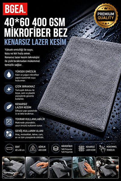 BGEA Premium Oto Temizlik& Kurulama Bezi- 40x60 cm 400 GSM Mikrofiber Bez Ken...