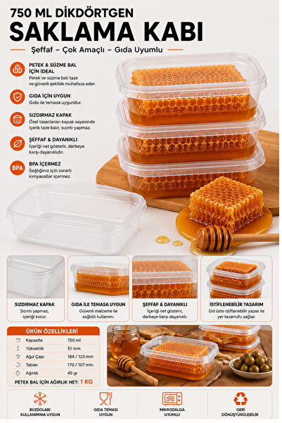 Aksaray Arıcılık Bal Saklama Kapı Dikdörtgen - 750 ml (Petek Bal için 1 Kg)