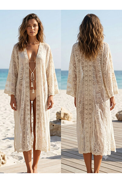 Luminos Butik Kimono de plajă transparent cu dantelă boemă brodată bej, top d...