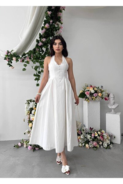 YURELİ Poplin Halter Yaka Midi Elbise