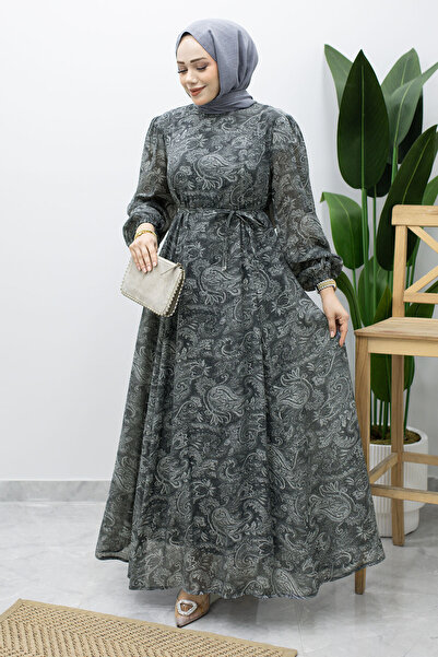 Tesettür Dünyası Lined Shawl Patterned Chiffon Dress Tsd260236 Smoked