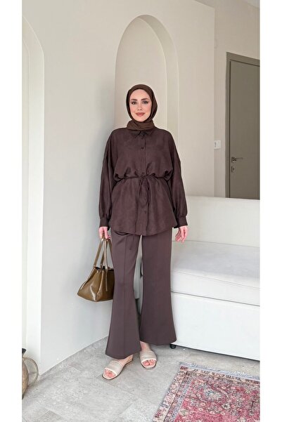 Moda Aydın Butik Kadın Tesettür Belden Bağlamalı Tunik Gömlek - Kahverengi