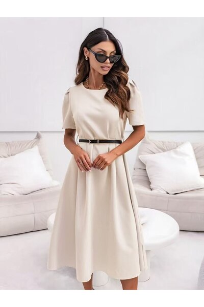 GLAMSI Rochie Amaris Power Dress cu Belt -Leather | Icon Series - Bej