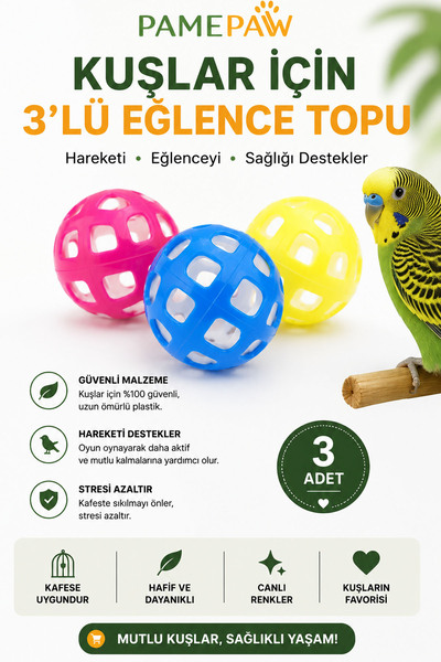 PAMEPAW Kedi , Kuş -Papağan Için , Zilli , Çıngıraklı Oyuncak Top 3 adet