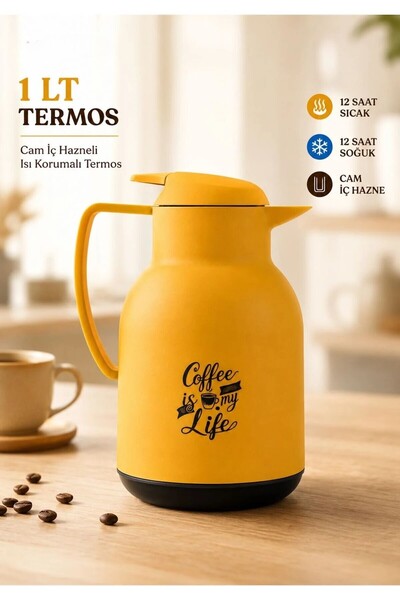 Galeriyo 1 Lt Cam Hazneli Termos Coffee Is My Life (Top Push) Sarı