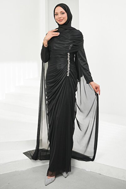 İmajButik Black Cape Evening Dress with Drawstring Front and Stones