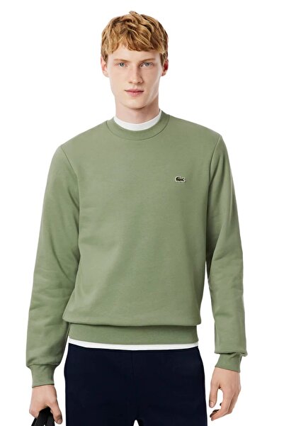 Lacoste سويت شيرت رجالي كلاسيكي بدون شريط وياقة دائرية باللون الأخضر