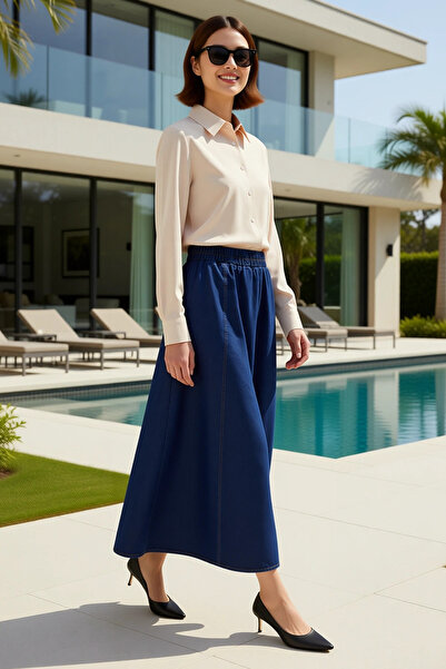 BENERLY Women's Maxi Denim Skirt High Waist Elastic Detailed 100% Cotton Comf...