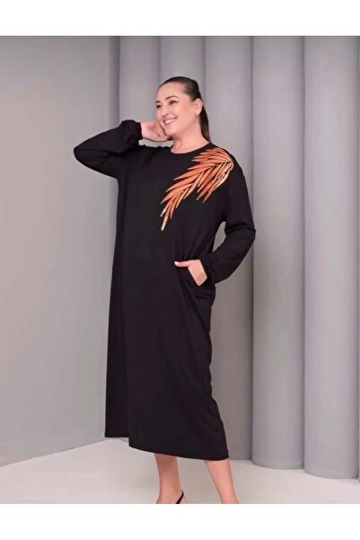 kısmet sepeti Women's Black Shoulder Leaf Patterned Long Sleeve Viscose Combe...