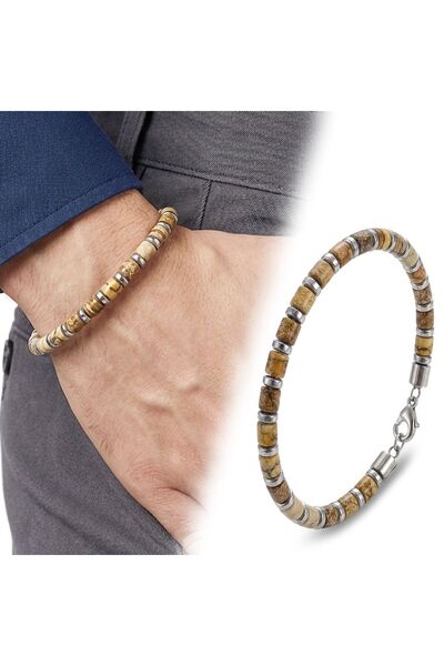 Mestore Odun Jasper & Silver Hematite Stone Adjustable Steel Chain Men's Brac...
