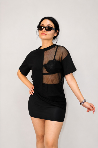 Ecem Wear SİYAH FİLE DETAY T-SHİRT