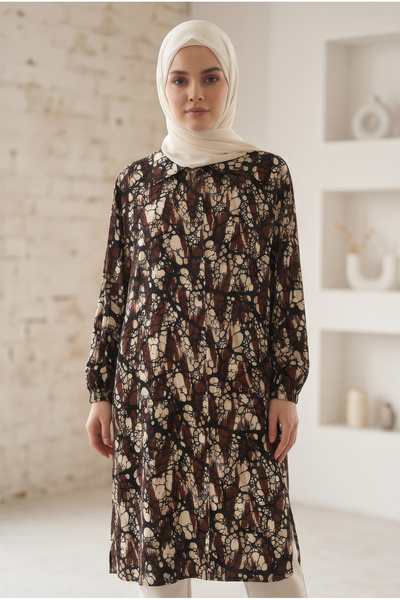 tuvadi Women's Brown Drop Patterned Viscose Tunic Shirt - Hijab Shirt, Button...