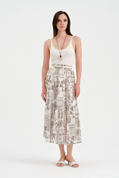 tw3 Women's Ethnic Patterned Long Skirt with Elastic Waist and Lined Design