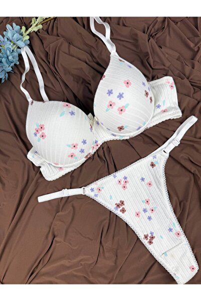 ROZENİN LINGERIE Kadın Kaşkorse Çiçek Desenli Destekli Sütyen String Külot Ta...