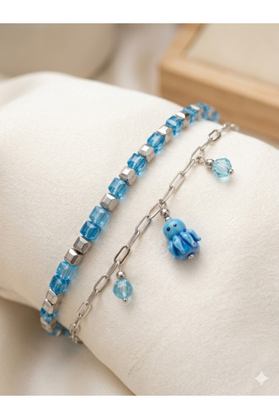 Shine Elagance Glass Beads on Steel Chain End and Octopus Themed Anklet and C...