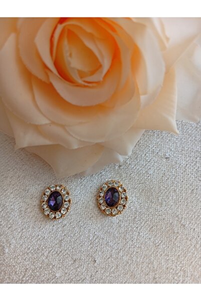Pervin Ablacım Purple Colored Stone Studded Nails Gold Earrings