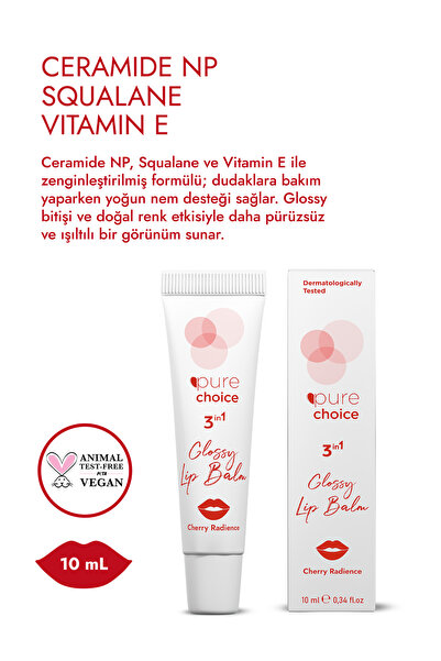 Pure Choice Cherry Radiance Glossy Lip Balm – Nemlendirici, Onarıcı ve Parlatıcı | Ceramide NP + Squalane + Vitamin E