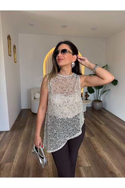 MODAMERSİ بلوزة نسائية بيج مزينة بالترتر بدون أكمام
