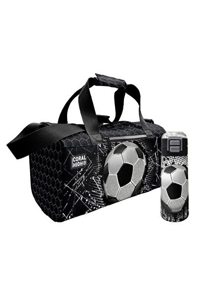 Coral High Black and White Football Patterned Boy's Sports Bag and 500 ml Ste...