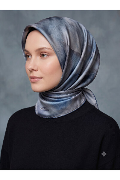 Armine %100 Sura Saf İpek Gri - Mavi Eşarp 90x90 Yeni Sezon 2026 İlkbahar Yaz...