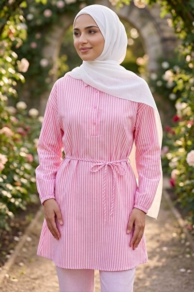 TOFİSA Çizgili Bağcıklı Düğmeli Tunik Pembe - 1332-PEMBE