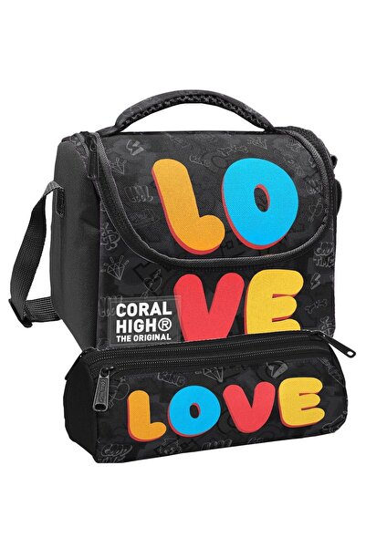 Coral High Lunchbox and Three-Compartment Pen Holder Set - Black Multicolor L...