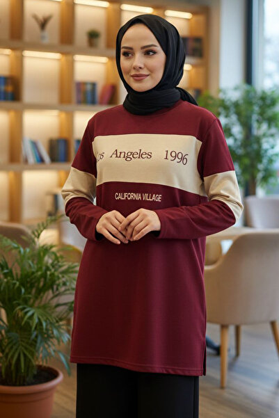 TOFİSA Yırtmaçlı Baskılı Tunik - 2073-BORDO