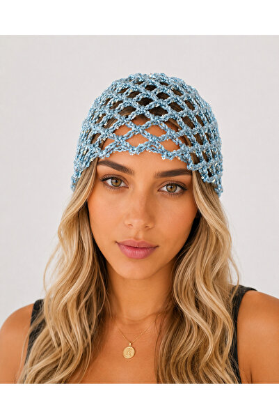 synshop Blue Sequined Glittery Mesh Premium Knitted Bohemian Bandana Summer S...