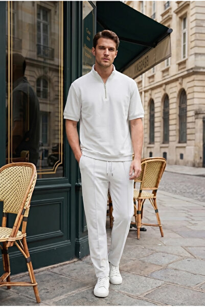 MADZEYMODA Men's Regular White Half Zipper High Collar T-Shirt & Green Trouse...