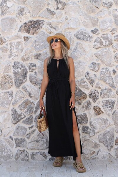 bytugcekaya Black Standard Size Hair Braid Detail Muslin Dress