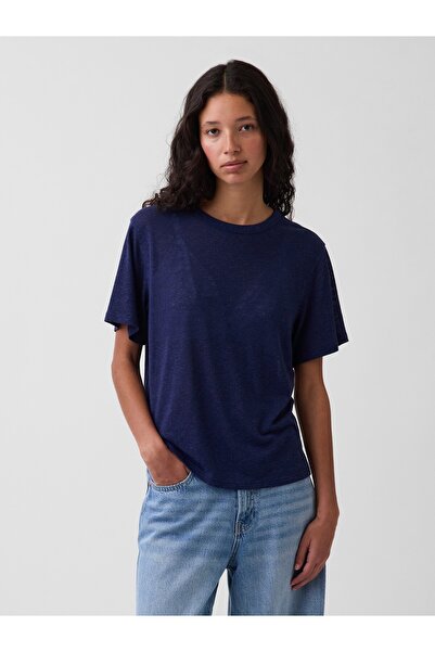 GAP Kadın Lacivert Keten Karışımlı Relaxed T-Shirt
