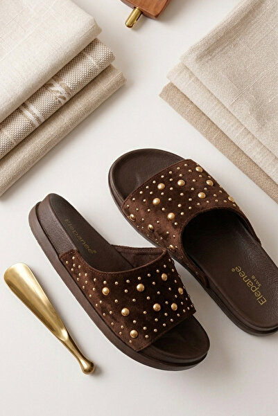 Ayakkabı Vakti Stylish Brown Women's Slippers with Stone Detailing, Comfortab...
