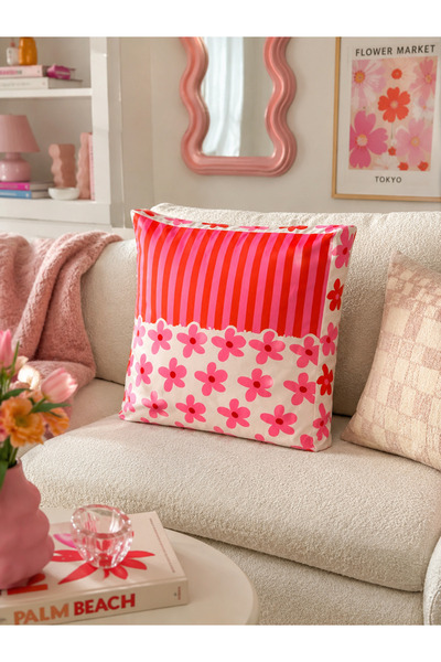 Homeilla Pinky Garden Çizgili Çiçek Desenli Kadife Dekoratif Kırlent 40x40 cm