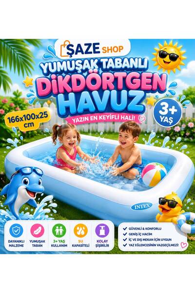 SAZE Yumuşak Tabanlı Dikdörtgen Şişme Çocuk Havuzu 166x100x25 Cm – 3+ Yaş Bah...