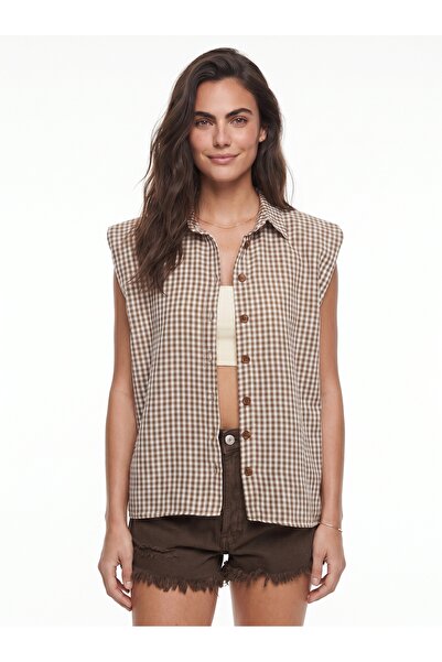 ONLOOX Coffee Cotton Shirt Collar Relaxed Fit Front Buttoned Gingham Patterne...