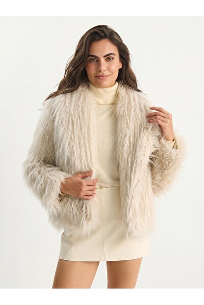 ONLOOX Cream Polyester Fabric Shawl Collar Lined Premium Long Pile Soft Textu...