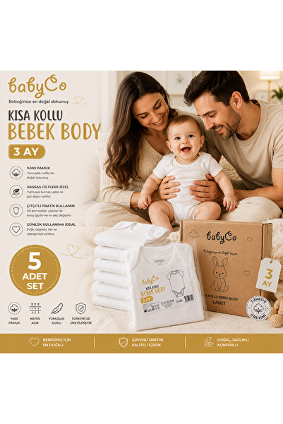 BabyCo 5’li Kısa Kollu Bebek Body 3 Ay %100 Pamuk Beyaz Bebek Zıbın Seti