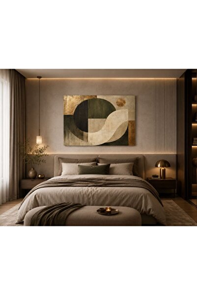walliva Soyut Harmoni Geometrik Modern Kanvas Tablo – Bej, Krem ve Zeytin Yeş...