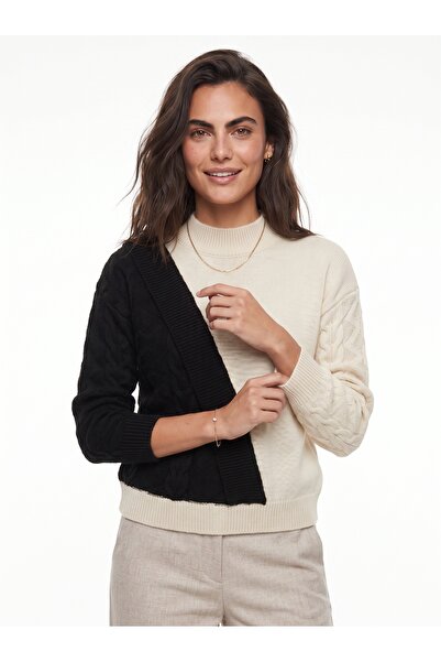 ONLOOX Ecru Black Acrylic Fabric Half Turtleneck Pullover with Hair Braid Det...