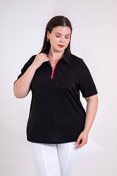 Roxxlen Women's Plus Size Collared Zipper Blouse