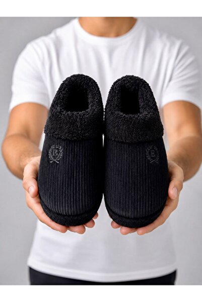 redtan Men's Black Luxury House Slippers Corduroy Inside Plush Non-Slip Sole ...