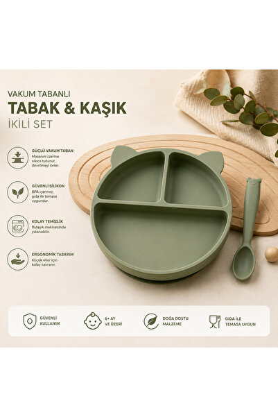Bebeye 2'Li Bebek Beslenme Seti Vakumlu Mama Tabağı-Mama Kaşığı Olive Green