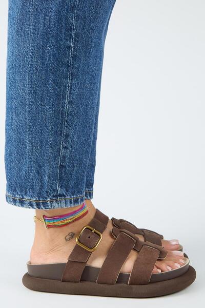 Manijero Borde Women's Genuine Leather Scarf and Buckle Nubuck Brown Slippers