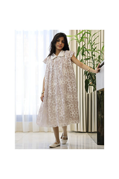 HAWRAA ABAYA Girls' Dress Embroidered White Floral Royal Pearl Collar Dress