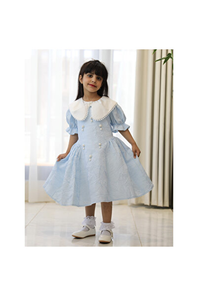 HAWRAA ABAYA Girl's Sky Blue Patterned Dress with Wide White Collar and Pearl...