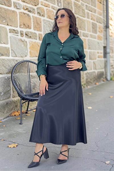 yagmurberen Hidden Zipper Detail, Elastic Waist, Plus Size, Flared Satin Skir...