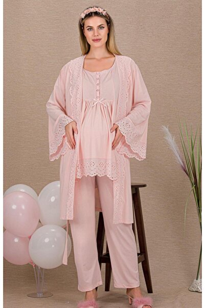 Lady Lingerie Maternity-Pregnancy Pajama Set with Robe and Short Sleeves, 3-P...