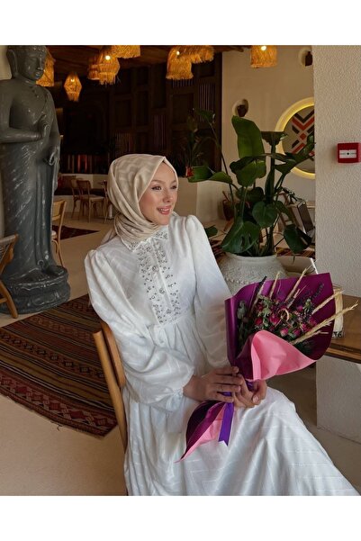 ensade Pearl Detailed Balloon Sleeve Hijab Dress |   Stylish Casual Dress wit...