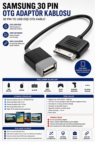 IRONSTAR Samsung 30 Pin OTG Kablo / Galaxy Tab OTG Adaptörü / 30 Pin USB OTG ...
