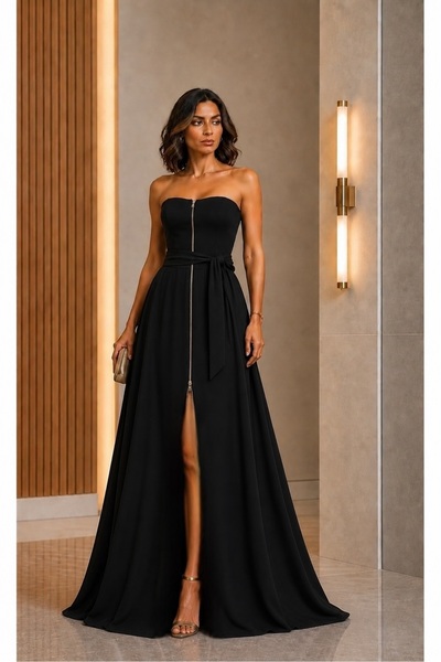 UNTIMELY Front Separated Zippered Maxi Dress with Taffeta on the Top and Crep...